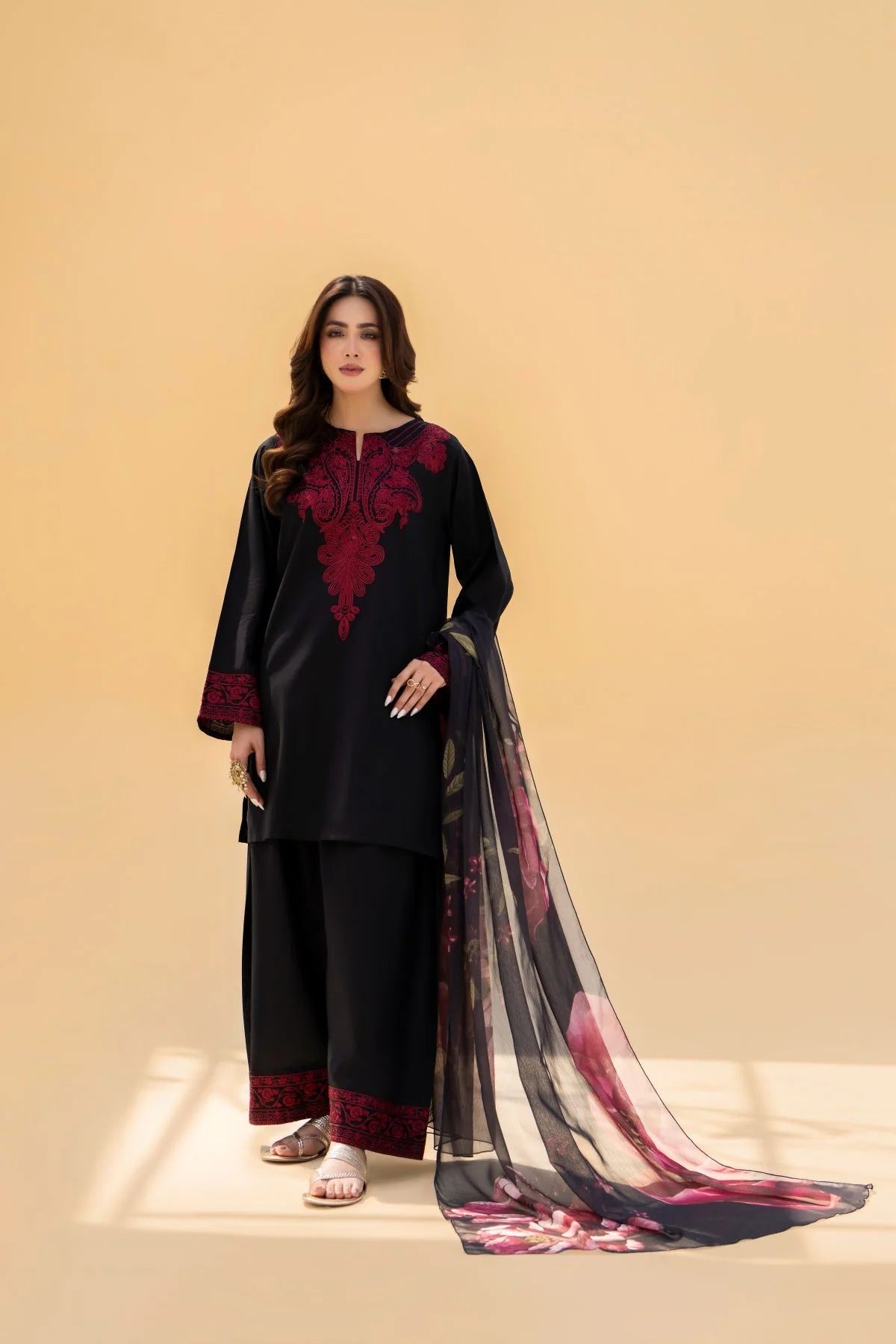 SF-394 Embroidered Black Marina Three Piece Dress
