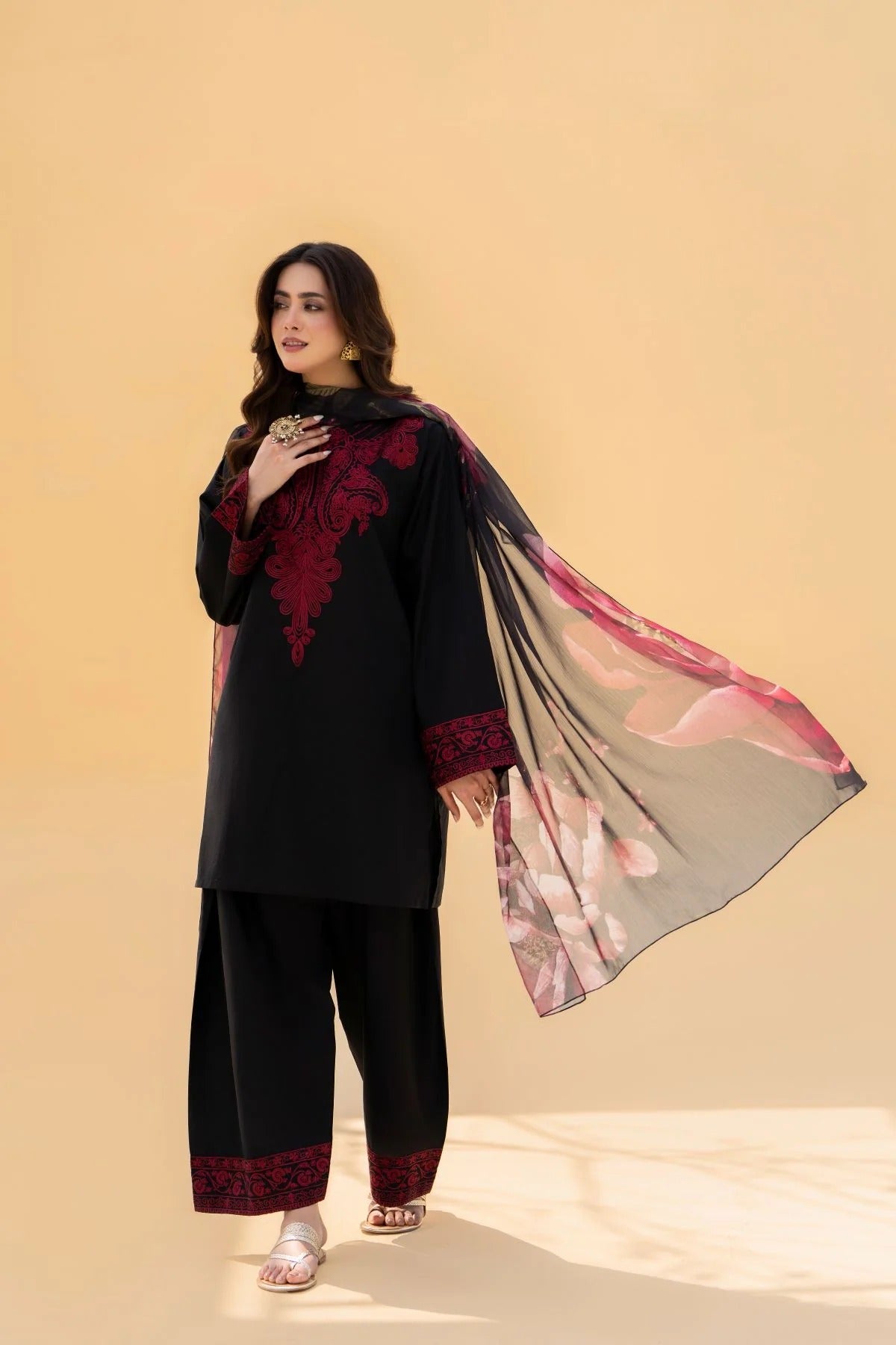 SF-394 Embroidered Black Marina Three Piece Dress