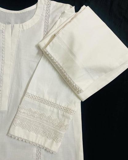 Sf 375 - White Lace Work  2 Pc Stitched Suit