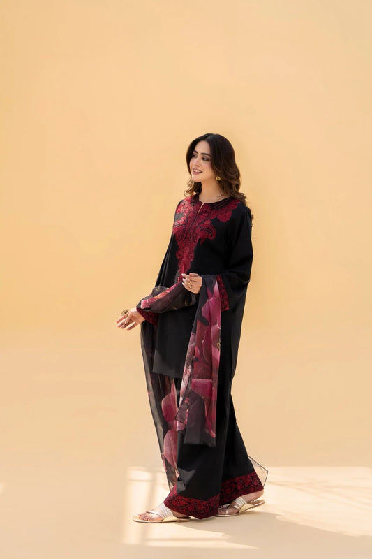 SF-394 Embroidered Black Marina Three Piece Dress