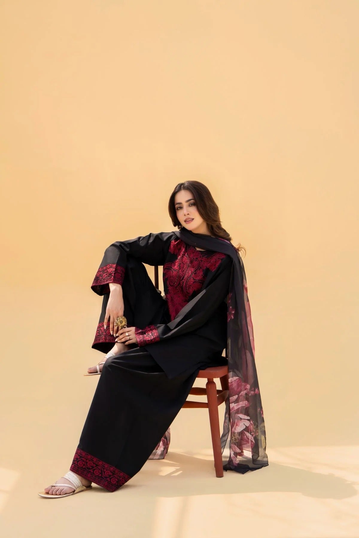 SF-394 Embroidered Black linen Three Piece Dress