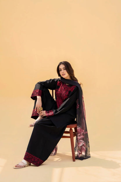 SF-394 Embroidered Black linen Three Piece Dress