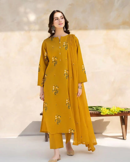 Mustard 3-Pc lawn Fabric